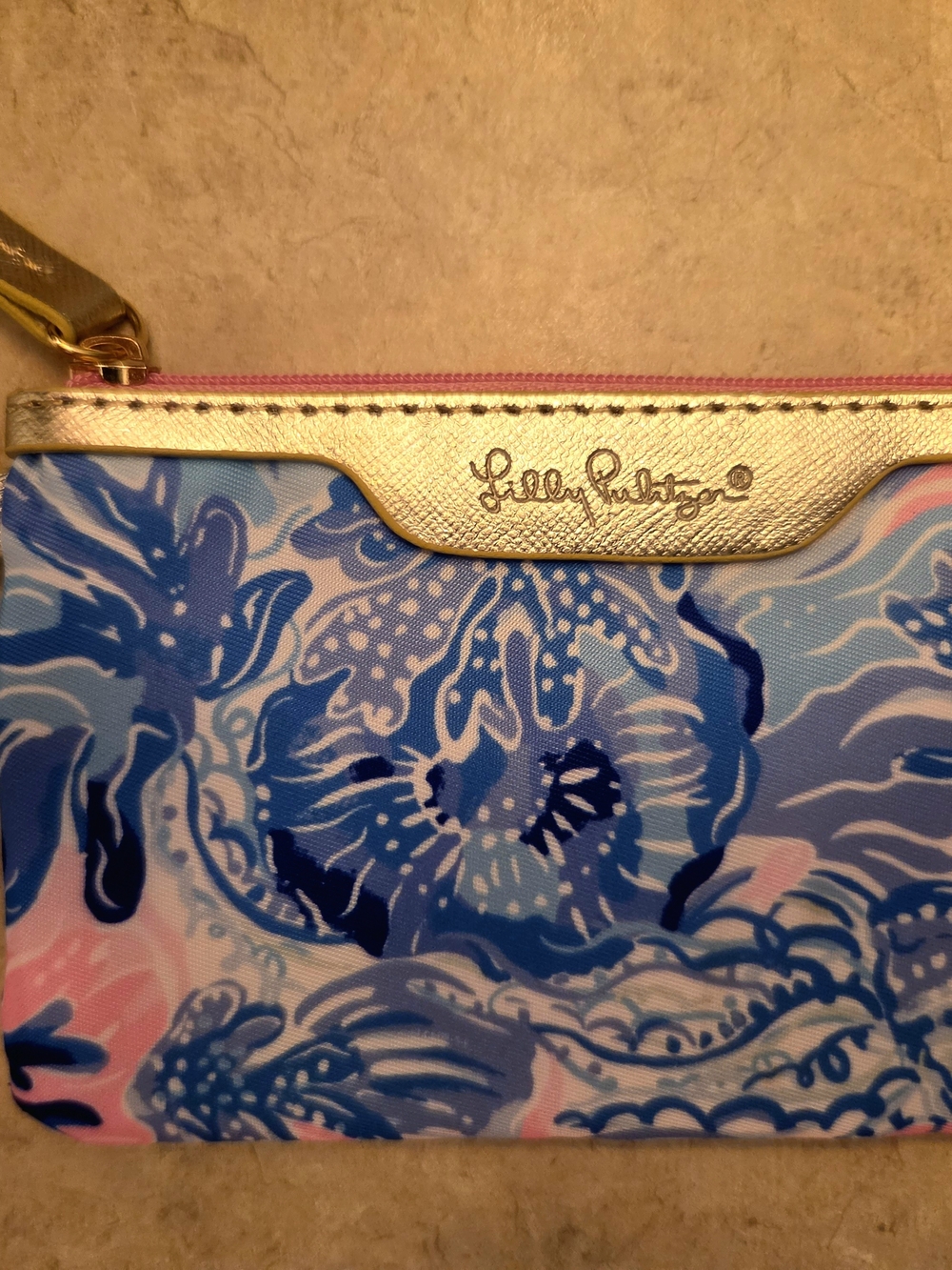 Lilly Pulitzer Metallic Gold Trim Blue & Pink Floral ID Case